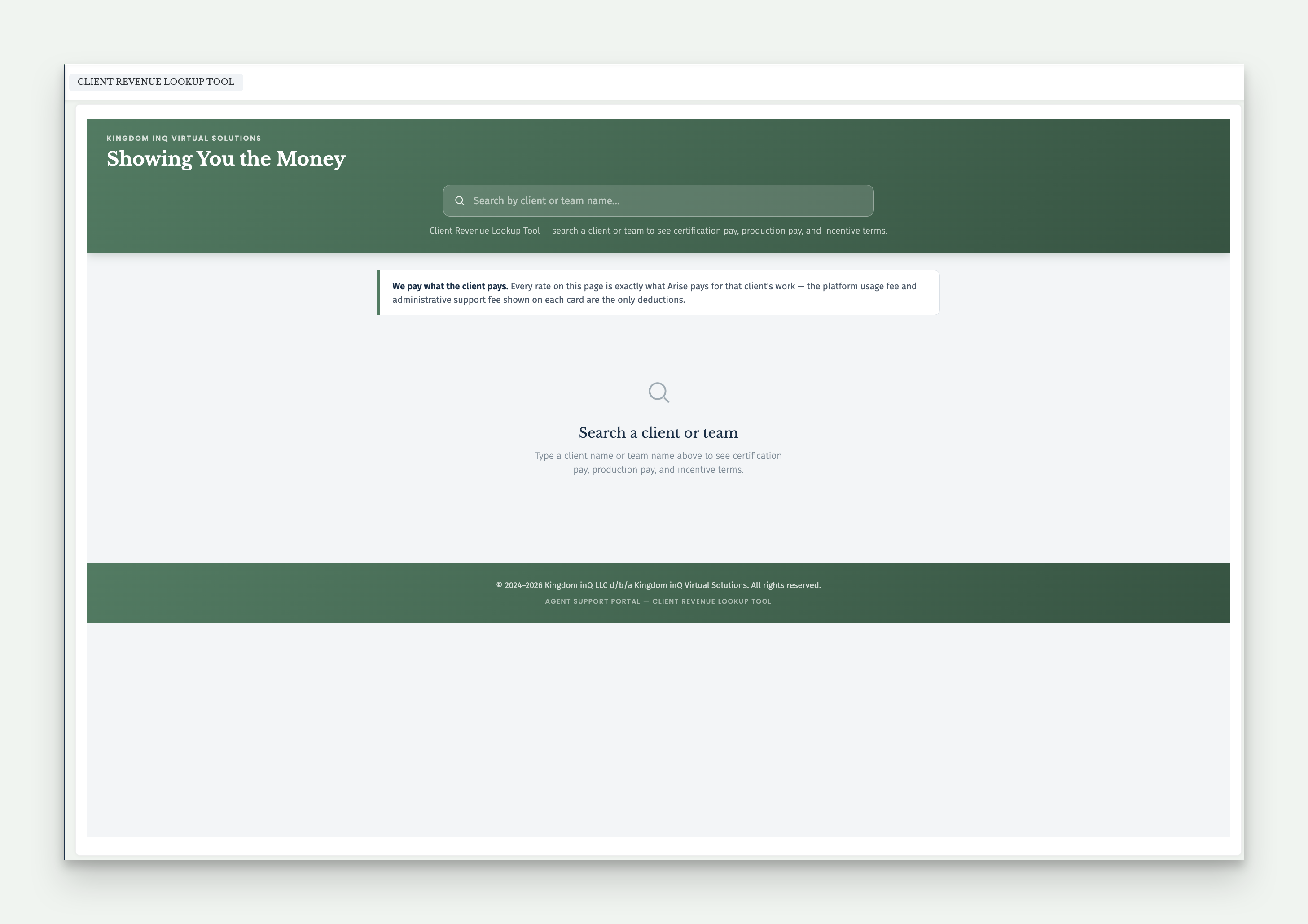 Client Pay landing page, empty search state
