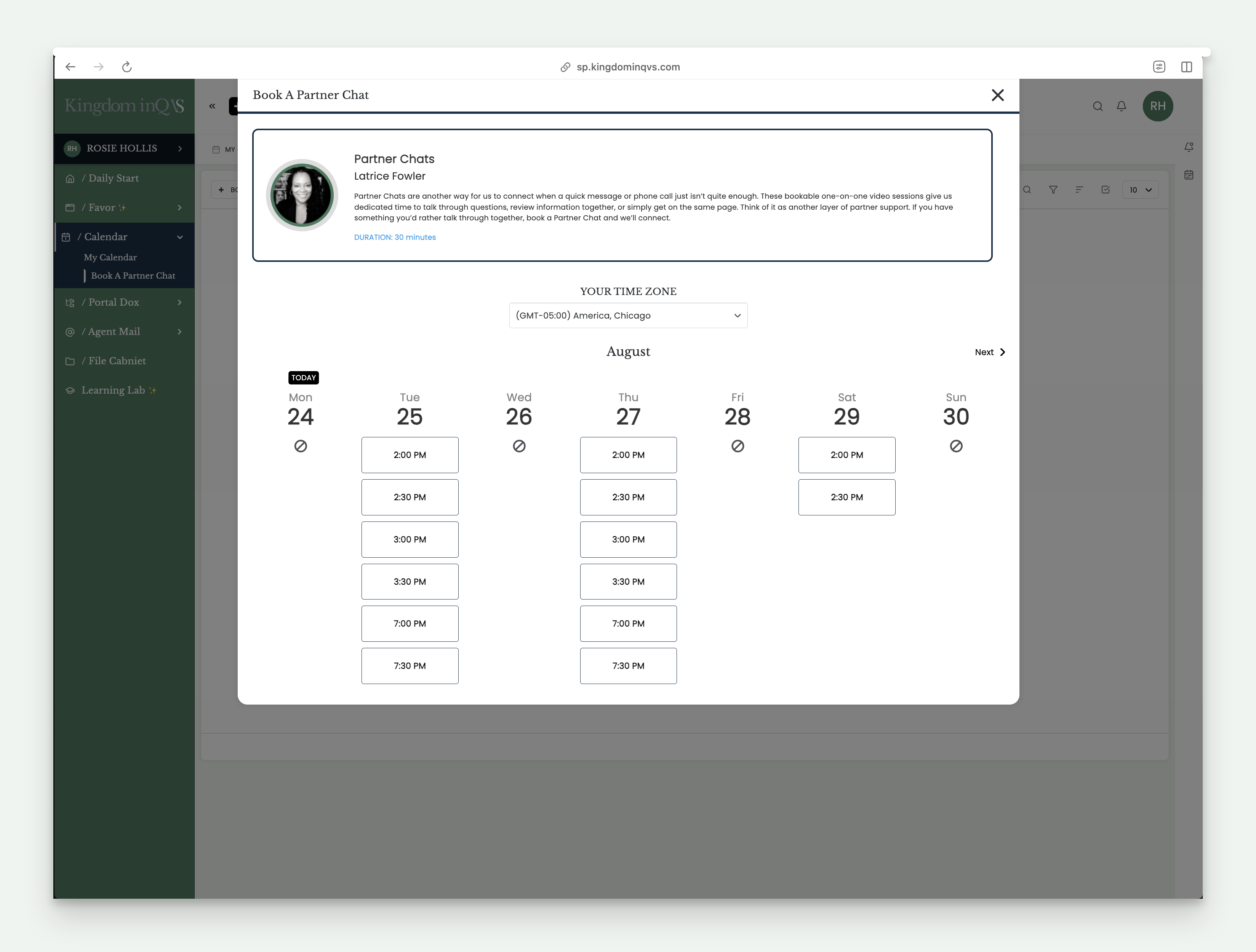 Book a Partner Chat scheduling window