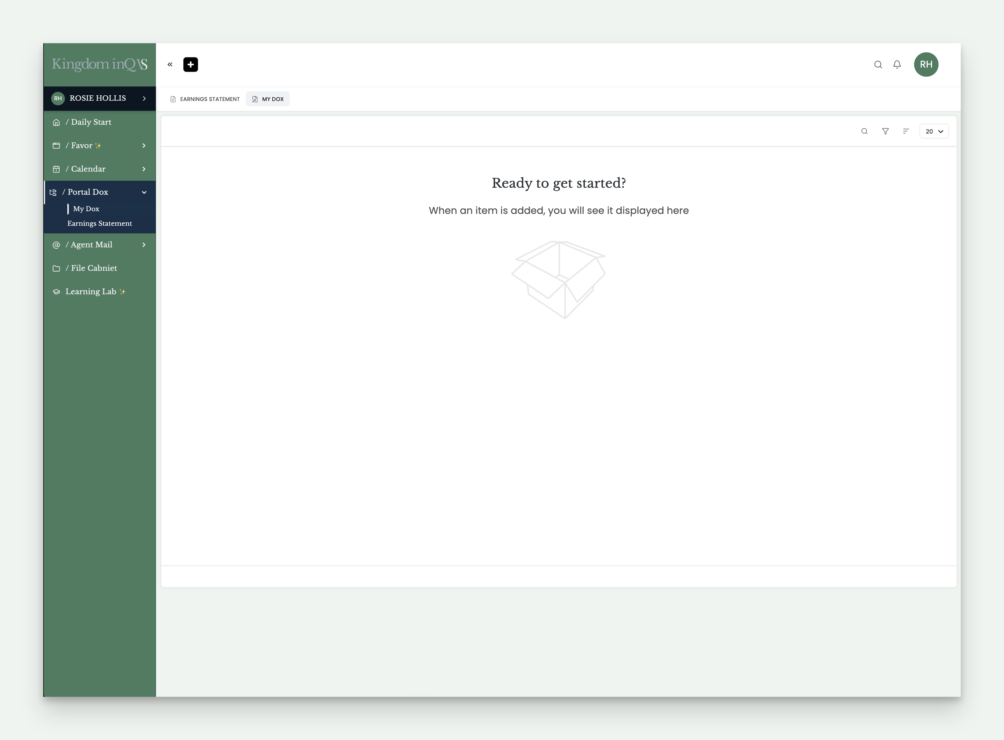 Portal Dox landing page showing My Dox and Earning Statement