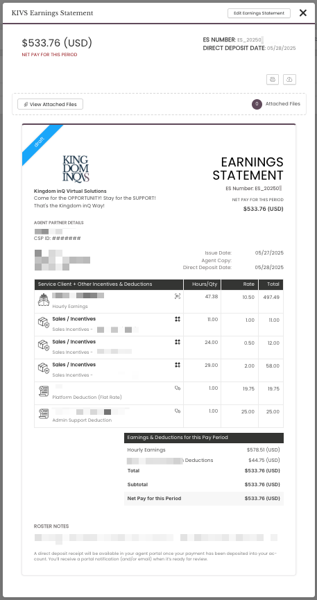 Sample KIVS Earnings Statement