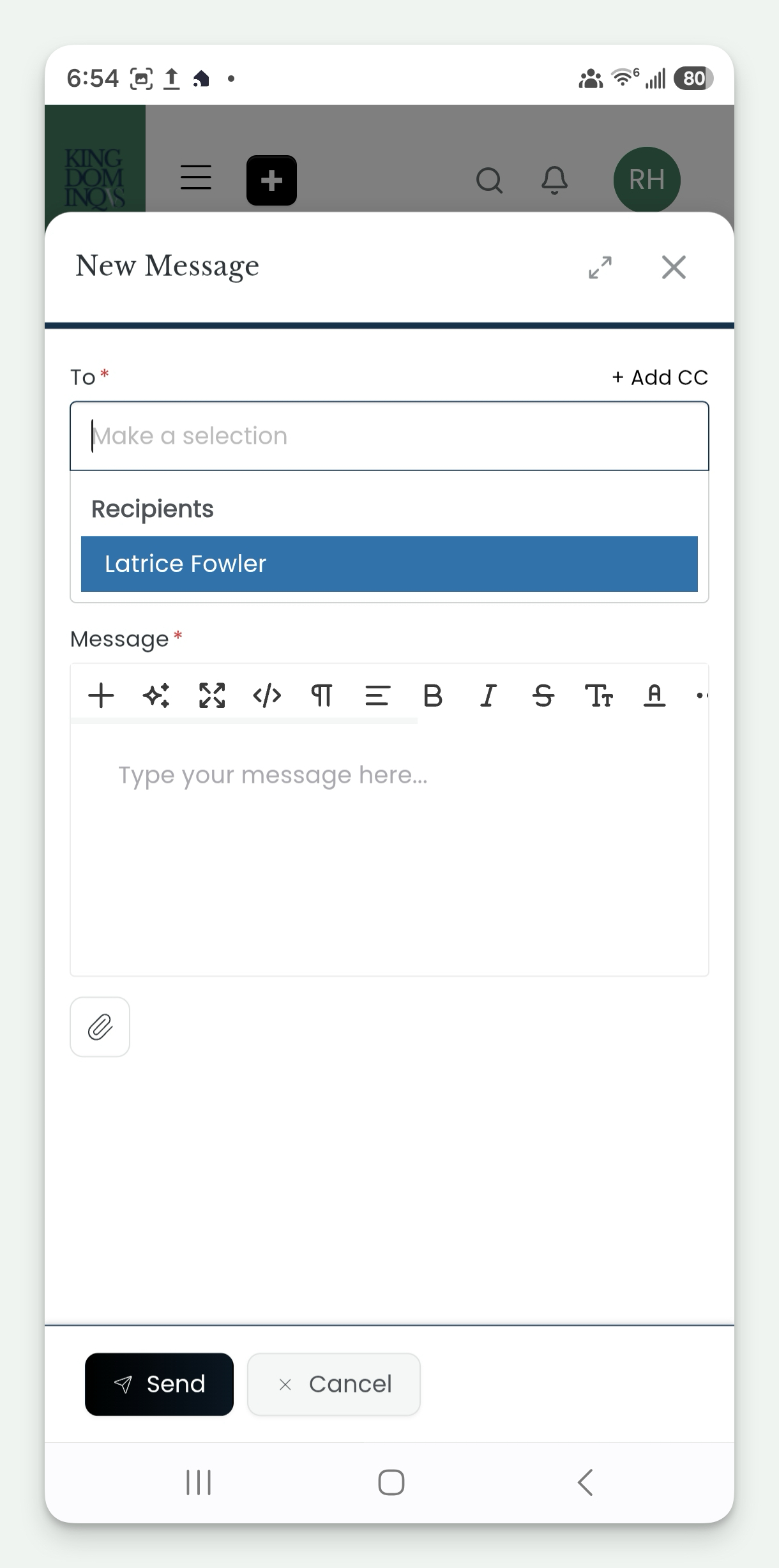 New Message panel open on mobile
