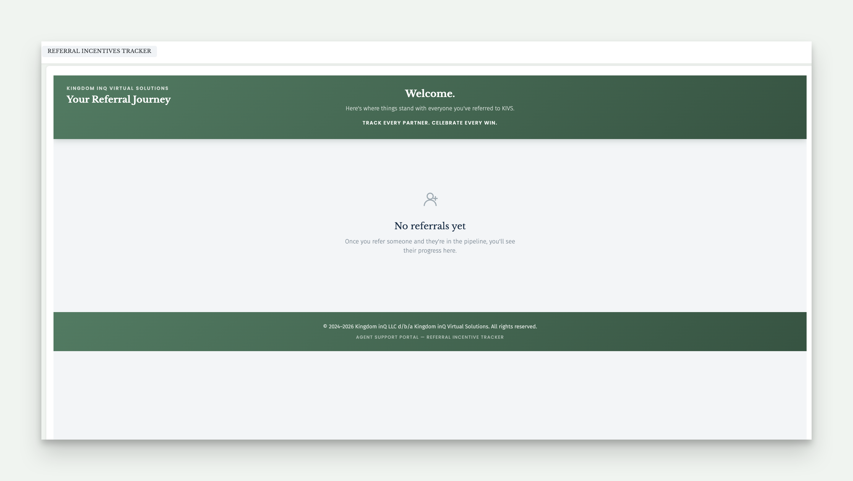 Referral Tracker landing page, first login